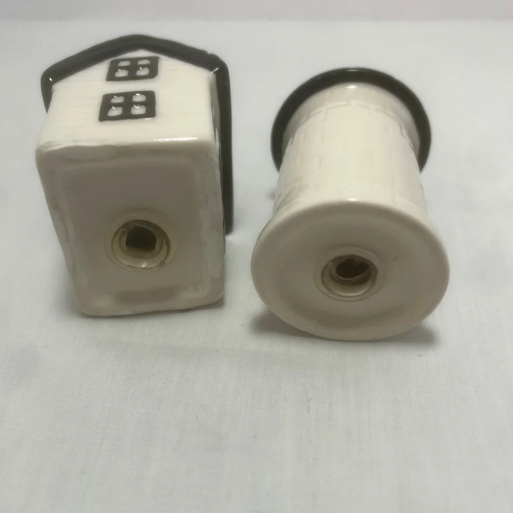 Farmhouse Salt & Pepper Shakers Set Barn & Silo Black White Ceramic Rustic Decor